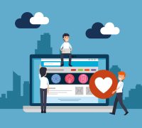 men with laptop and office website information vector illustration